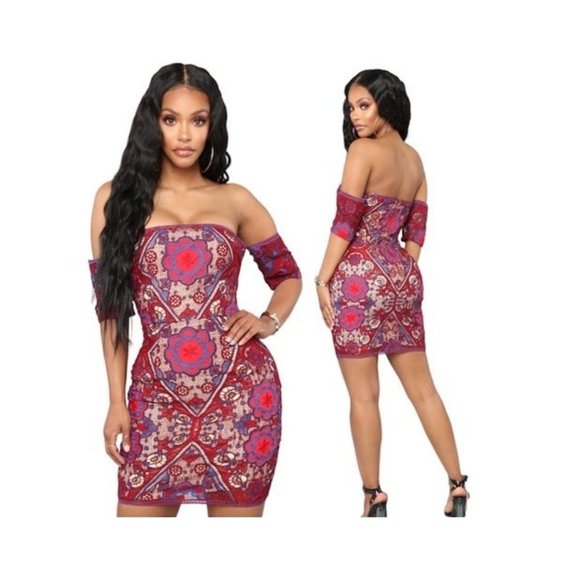 Fashion Nova Dresses & Skirts - Dress red blue wine off the shoulder Crochet Lace Mini Dress